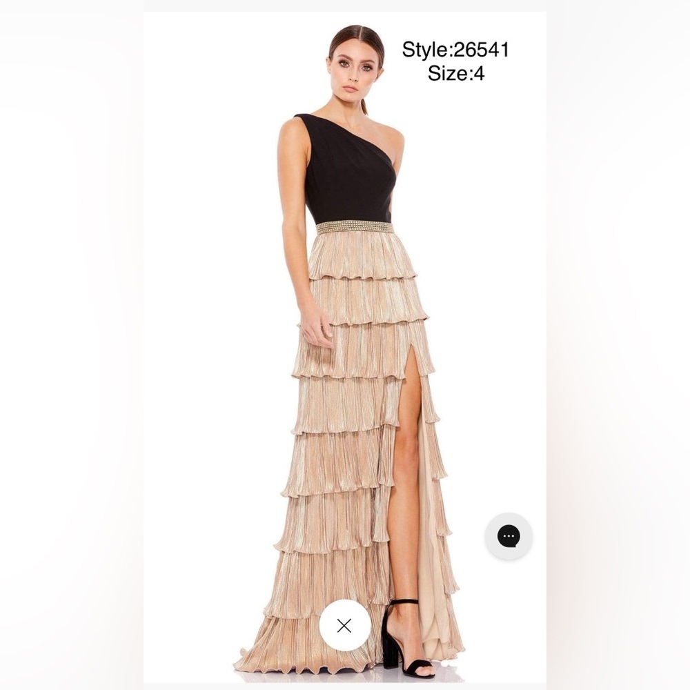One shoulder layered metallic ruffle gown